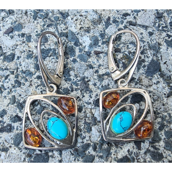 Sterling Silver 925 Modernist Amber Turquoise Dangle Earrings 1/2" - Picture 1 of 3